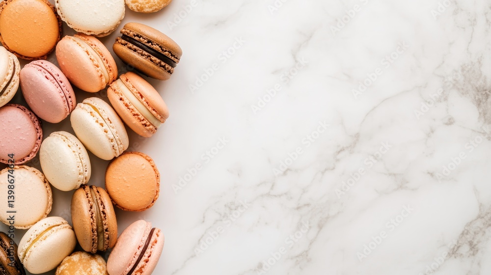 Poster a close-up shot showcases a vibrant pile of macarons in various colors, beautifully set on a marble 