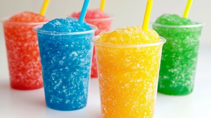 Brightly Colored Summer Slushies in Clear Plastic Cups Refreshing, Vibrant Icy Treats with Yellow, Red, Blue and Green Colors against a Bright White Backdrop for Cheerful Mood