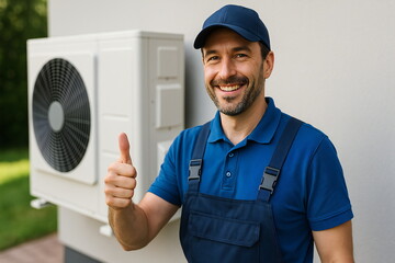 Expert technician showcases satisfaction beside installed heat pump in residential setting
