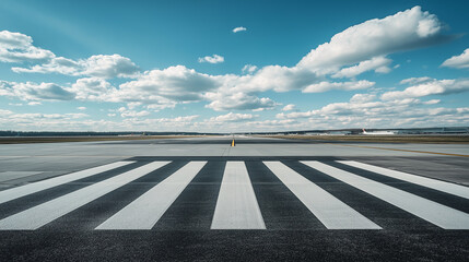 Airport runway perspective view with white markings under blue sky
