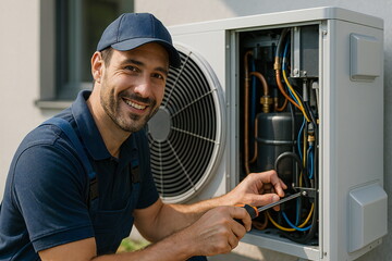 Technician servicing a heat pump system at a residential property during daytime