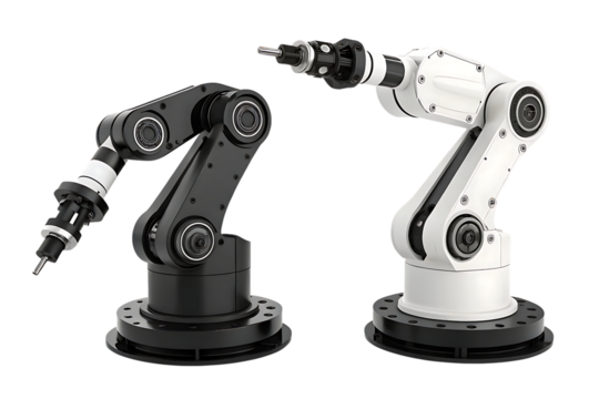 Two industrial robot arms: black and white robotic manipulators on transparent background