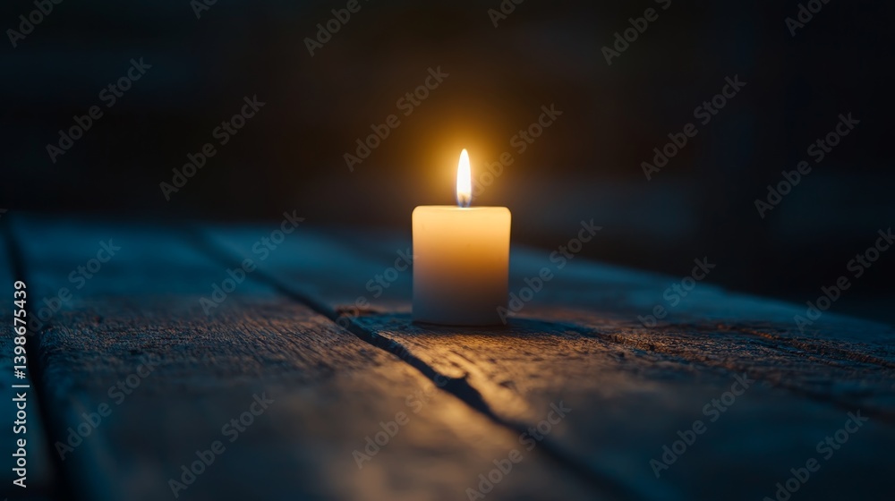 Poster candle light flickers softly in a dark room, casting a warm glow on the rustic wooden table, promoti