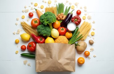 Paper grocery bag filled fresh vegetables fruits pasta canned goods oatmeal. Healthy food shopping delivery donation concept. Balanced diet, healthy eating habits. Top view on white table.