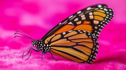 Fototapeta premium Vibrant Monarch Butterfly in Macro: Delicate Insect Pollinator Displaying Stunning Orange and Black Color Pattern