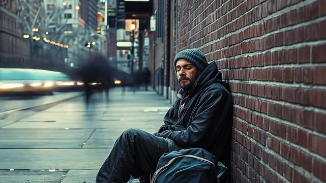 A homeless man sitting on a city sidewalk, resting against a brick wall, with passers-by and traffic in the background