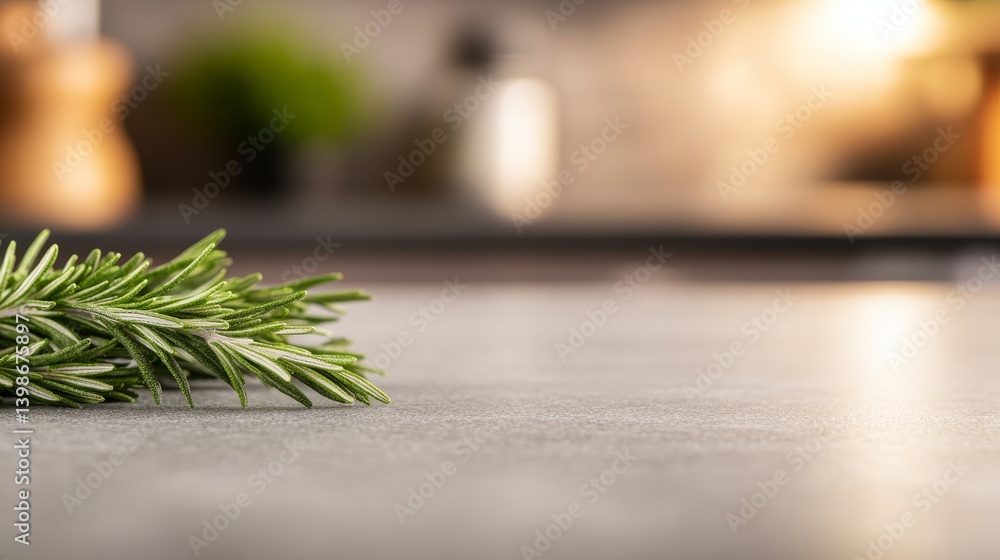 Poster fresh rosemary sprig rests on a light gray surface, with soft natural light enhancing its texture. a