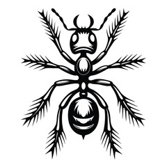 Stylized Black Ant Design on White Background, Insect with Ornamental Legs Details