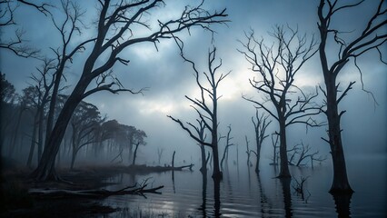 Misty forest with tall, leafless trees standing in shallow water, reflecting in the calm surface, under a haunting foggy sky.