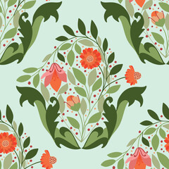 Folk style seamless vector repeat with stylized floral medallions and leaves