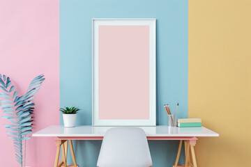 A white poster frame mockup on a desk in front of pastel pink, blue, and yellow walls