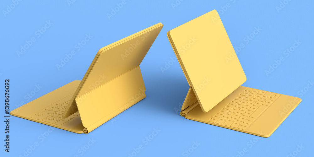 Poster set of computer tablet with keyboard and blank screen isolated on blue.