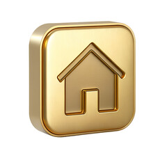 Golden Home Icon 3D Render Square Button Luxury Real Estate Symbol Home Page Navigation