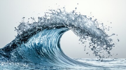 Powerful ocean wave crashing against the shore, creating a misty spray under a clear sky