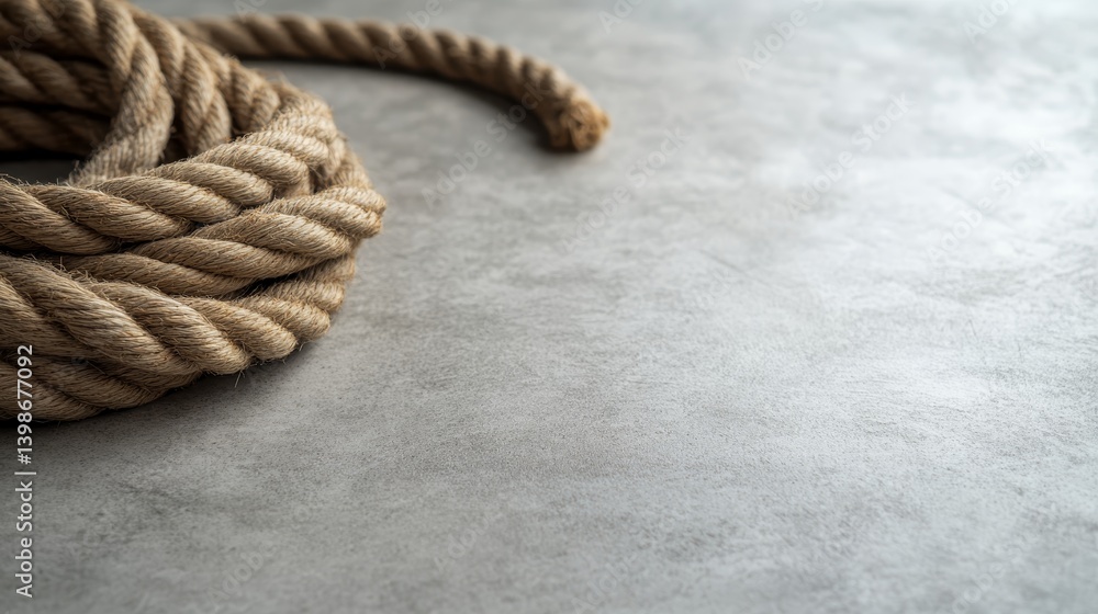 Poster thick rope coils on a light gray surface, illuminated by soft natural light that emphasizes its text