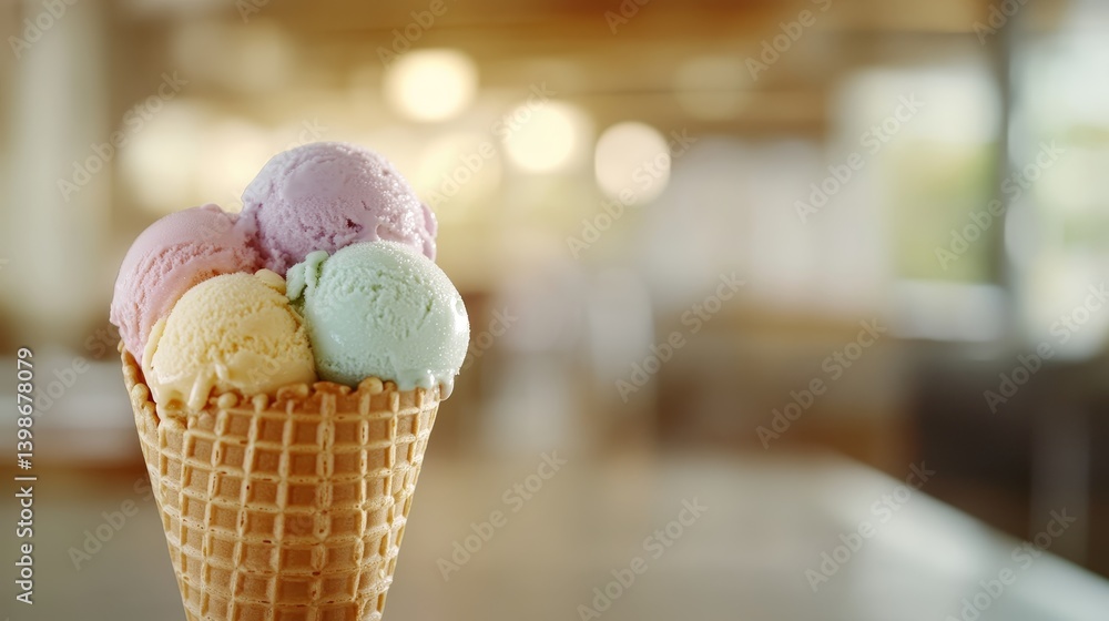 Poster colorful ice cream scoops perfectly stacked in a crispy waffle cone, illuminated by soft natural lig