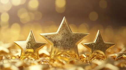 Gold five star rating trophy success award symbol on achievement 3d background of best customer feedback review winner prize or golden victory premium quality ranking rate and.