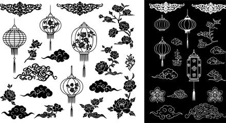 Asian design element set. Vector decorative collection of patterns, lanterns, flowers , clouds, ornaments in chinese and japanese style