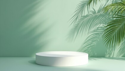 White podium pedestal on mint green background. Palm leaf shadow for product display presentation. Summer vibes, product placement mockup. Minimal, modern, tropical aesthetic. 3D render,
