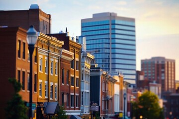 A cinematic still of buildings in downtown Dover, Delaware a cityscape with skyscrapers and other downtown architecture, captured in the early evening with a low-angle shot Generative AI