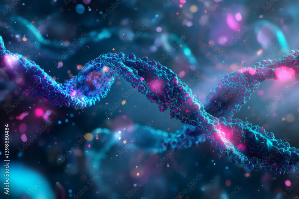 Poster microscopic view of a dna double helix rotating in a colorful environment with light particles float