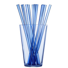 Blue drinking straws arranged in a clear glass cup, isolated on a white background