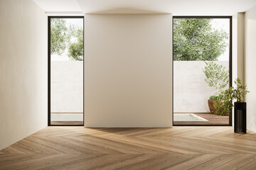 Empty minimalist room with natural light, wooden flooring, and a neutral wall, perfect for showcasing artwork or creative interior concepts. 3D render.