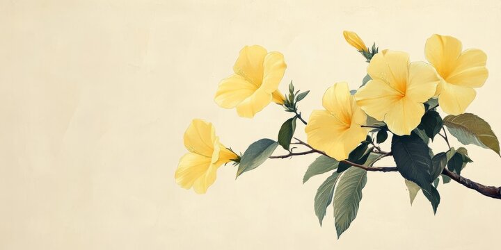 Minimalist realistic blooming yellow elder tree, bright yellow blossoms, view from below on pastel yellow background.