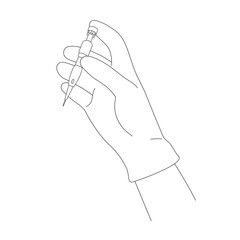 Vector outline hand in gloves holding CHOI pen for DHI hair transplant technique. Line icon of instrument for method of transplantation hair follicles to baldness head. Medical implanter against hair