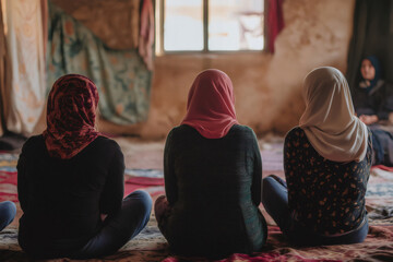 Three women wearing hijabs are sitting on the floor during a mindfulness and relaxation workshop, promoting mental wellbeing and spiritual growth