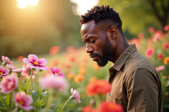 A serene portrait of a thoughtful African American man standing in the middle of a vibrant garden full of blooming flowers.