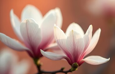 Fototapeta premium Close-up of lovely magnolia flowers in springtime. Pink petals, blurred background. Springtime blossom flowers blooming in garden. Nature, floral, plant, bloom, botanical illustration. Beauty,