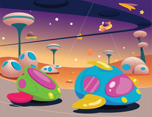 Naklejka premium Outer Space Aliens Futuristic Vehicles Vector Illustration