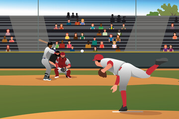 Baseball Match With Crowd Watching Vector Illustration