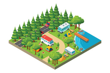 Isometric Camping RV Outdoor Vector Illustration