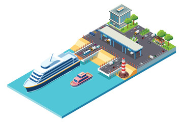 Isometric Ferry Terminal Vector Illustration
