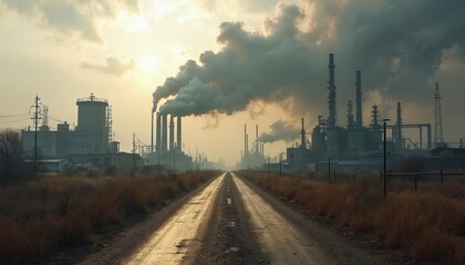 Obraz premium Industrial factories emitting smoke pollution along road. Environmental damage caused by industrial processes. Air contamination from smokestacks. Climate change, global warming concerns.