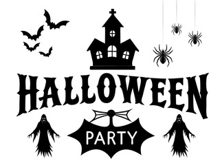 Halloween haunted house silhouette with bats under a spooky moonlit night sky vector illustration