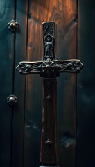 Ancient wooden cross, bronze accents, dark wood background, warm eerie glow, detail, rustic