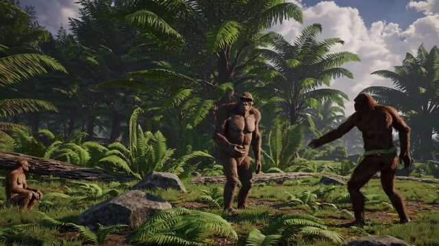 Video still of prehistoric creatures in a lush jungle. Low-angle shot highlights towering ferns and dramatic sky, evoking a cinematic adventure feel.