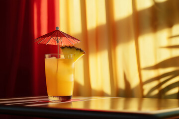 Glass of refreshing cocktail with ice cubes, pineapple slice, and cocktail umbrella on table against colorful curtains casting shadows
