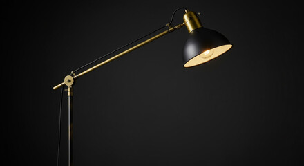 A sleek black and brass arc floor lamp illuminating a dark room with its warm, inviting glow.