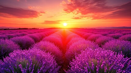 Fototapeta premium Lavender field blooms under a vibrant sunset; purple flowers stretch toward the bright horizon