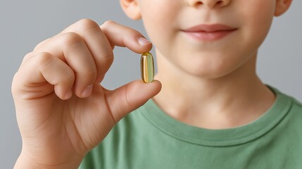 Gentle concern radiates from a young boy holding a vital omega-3 capsule, suggesting health awareness, pediatric care, or nutritional supplementation, a hopeful moment.
