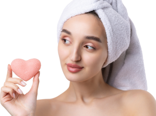 Beautiful girl with thick eyebrows and perfect skin at white background, towel on head, beauty photo. Holding a cosmetic pink heart sponge.