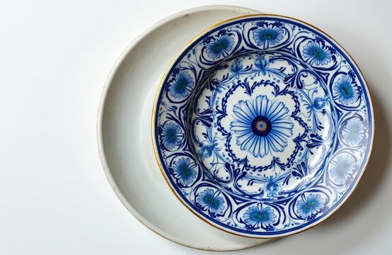 Decorative ceramic plates with blue floral pattern. Two round dishes on white background. Traditional blue, white porcelain tableware, vintage style, isolated objects, clean background, food