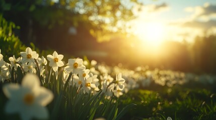 Obraz premium Under soft morning light, white daffodils bloom gently, their petals illuminated as they symbolize renewal and fragility amidst lush greenery and dreamy bokeh