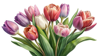 Obraz premium Vibrant Watercolor Bouquet of Colorful Spring Tulips isolated on Transparent Background