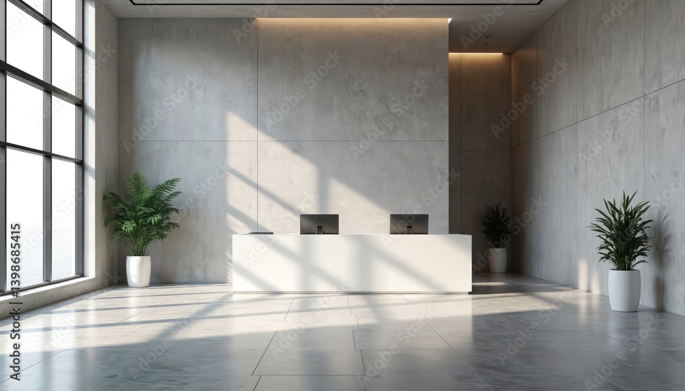 Poster modern office lobby interior with concrete walls floor and reception desk with computers. plants in 