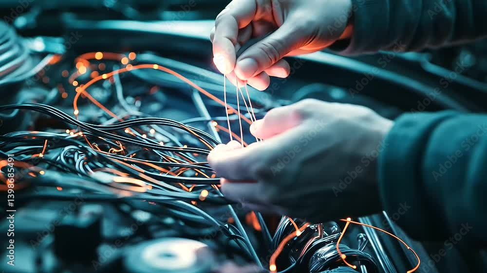 Poster a mechanic’s hands holding a flashlight while inspecting a tangle of engine wires, carefully checkin